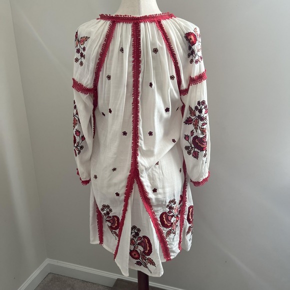 Ranna Gill Dress Womens XS White Red Embroidered Floral Boho Tassel Trim - Picture 2 of 13